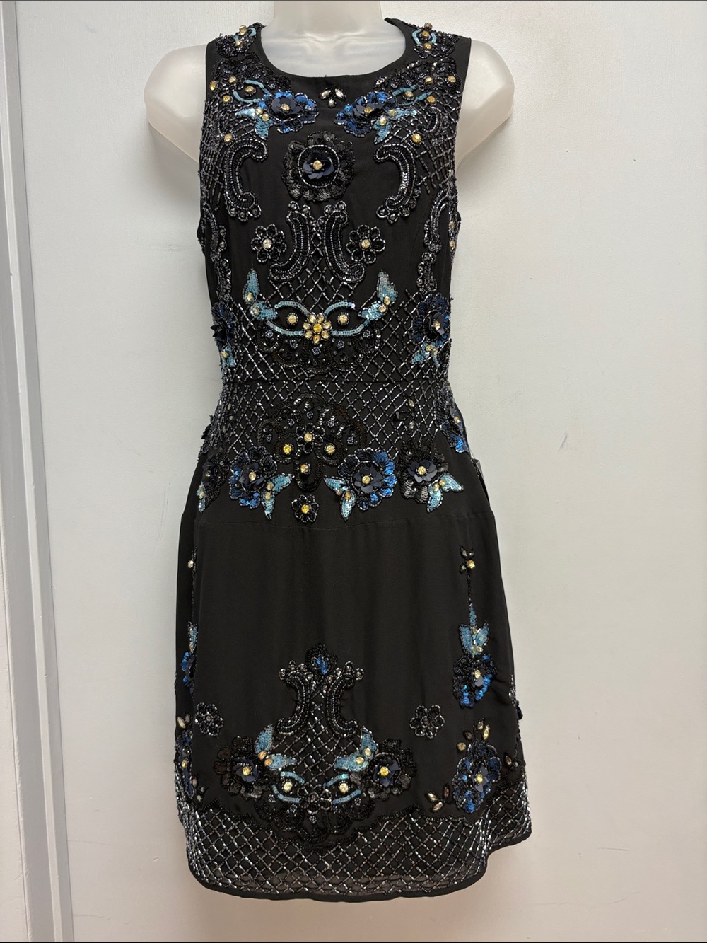 Needle & Thread Midnight Crystal Mini Dress Black Blue Floral Beaded 8